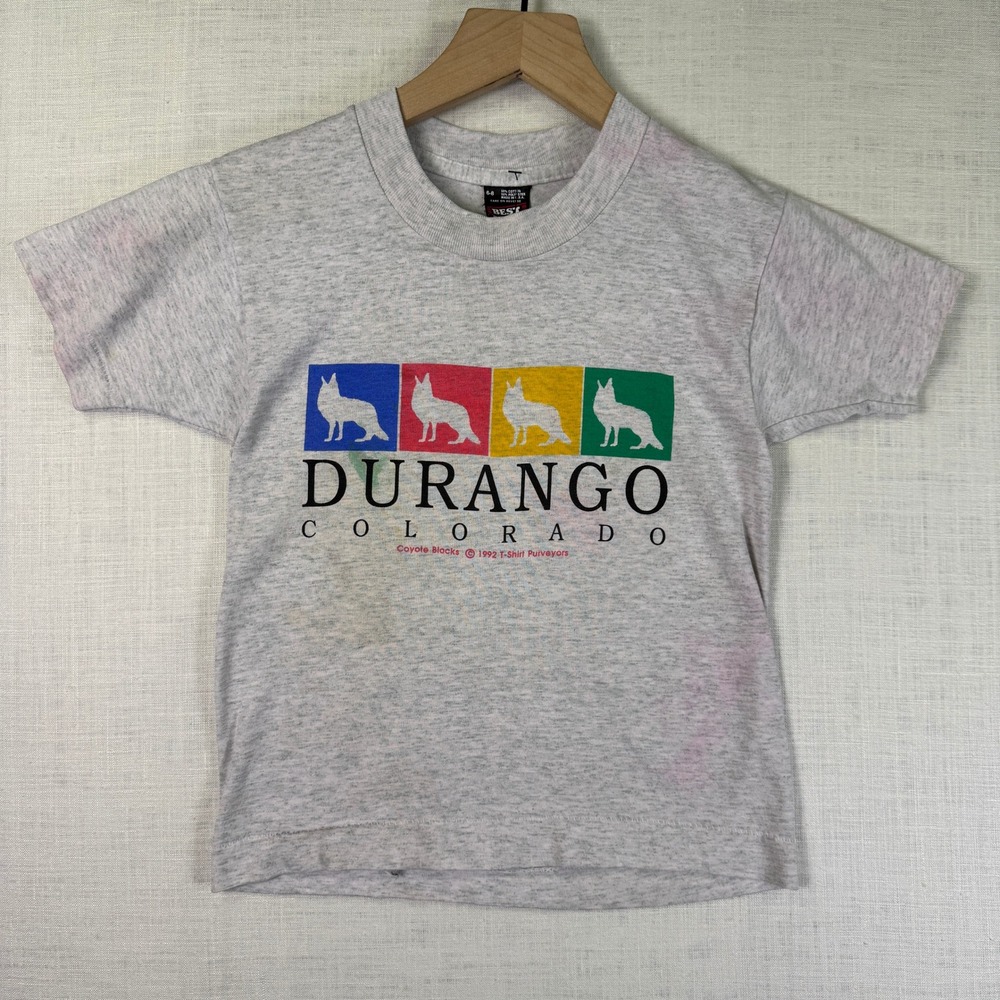 VTG Durango Colorado T Shirt 6-8 Kids Best Fruit Of The Loom Gray Coyote Art USA